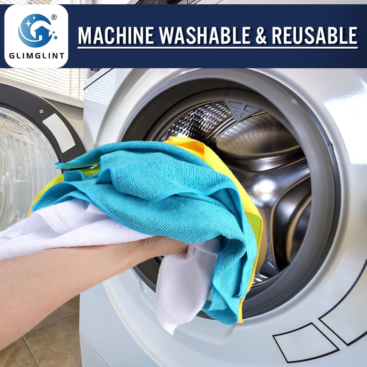 GLIMGLINT Microfiber Cleaning Cloth, 150 Pack Cleaning Rags, Cleaning Towels with 3 Color Assorted, Shop Towels 14"X12"(Yellow/White/Blue)