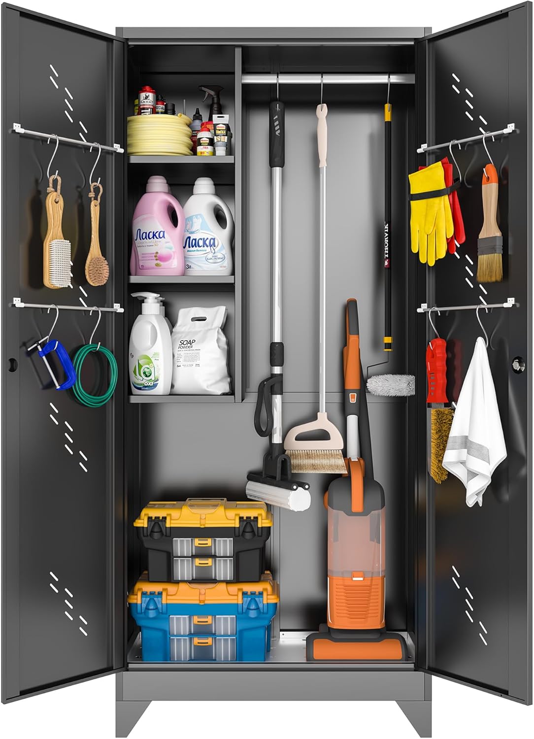 75" Metal Storage Cabinet, Tall Broom Cabinet, Garage Cabinets with Locking Doors, Black Outdoor Utility Broom Closet Storage Cabinets for Office, Bathroom, Warehouses