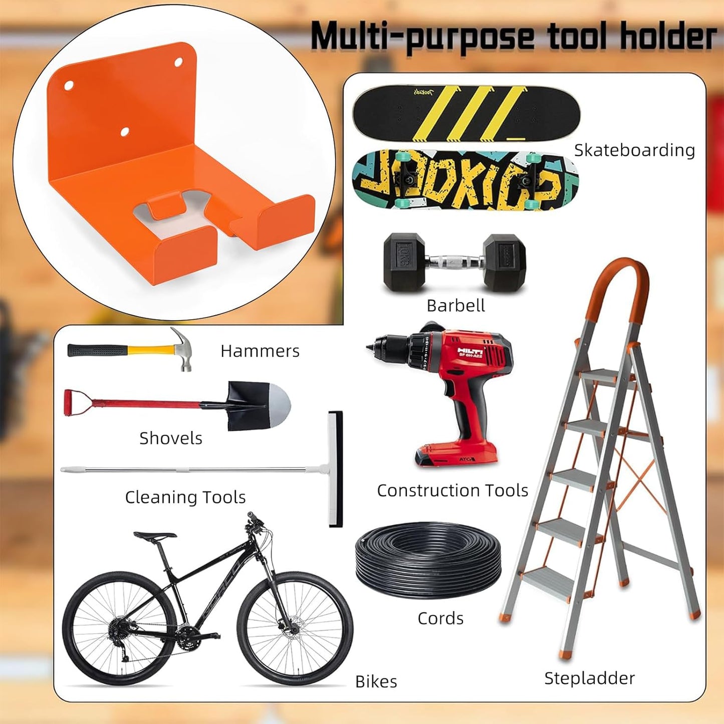 Weedeater Hanger, 3 Pack Weed Eater Hanger for Garage Wall-mounted Organizer Trimmer Rack Storage for Grass Trimmer, Hedge Trimmer, Garage Wall, Garden Tools, Black, Orange