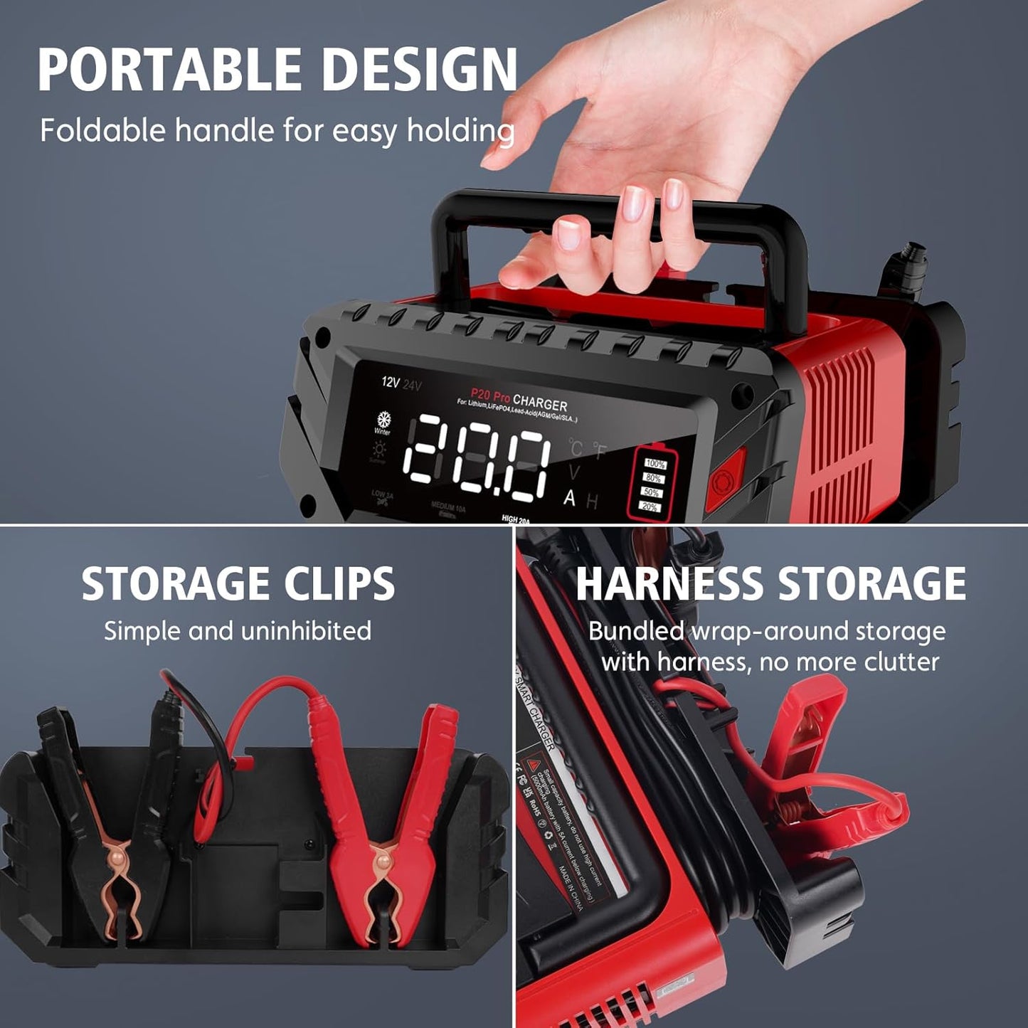 20-Amp Car Battery Charger, 12V/24V Smart Automotive Charger, Battery Maintainer, Trickle Charger for Car, Motorcycle, Boat, Lead-Acid, Lithium, LiFePo4 Battery