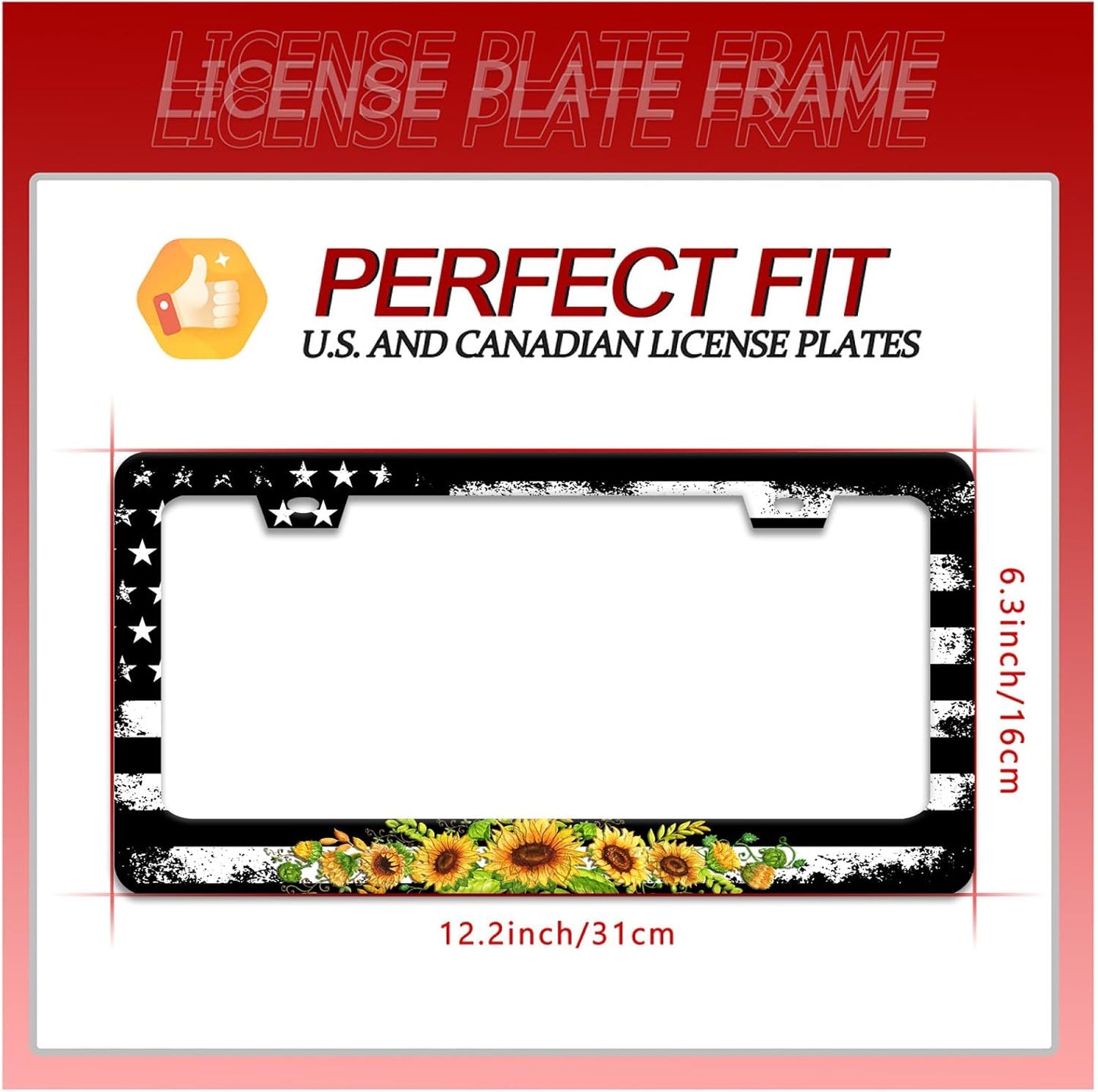 American Flag Sunflower License Plate Frame Patriotic Floral License Plate Frames for Car Decorative Parts Stainless Stee License Plate for Standard Us Canada Funny License Plate Holder 12x6 Inch