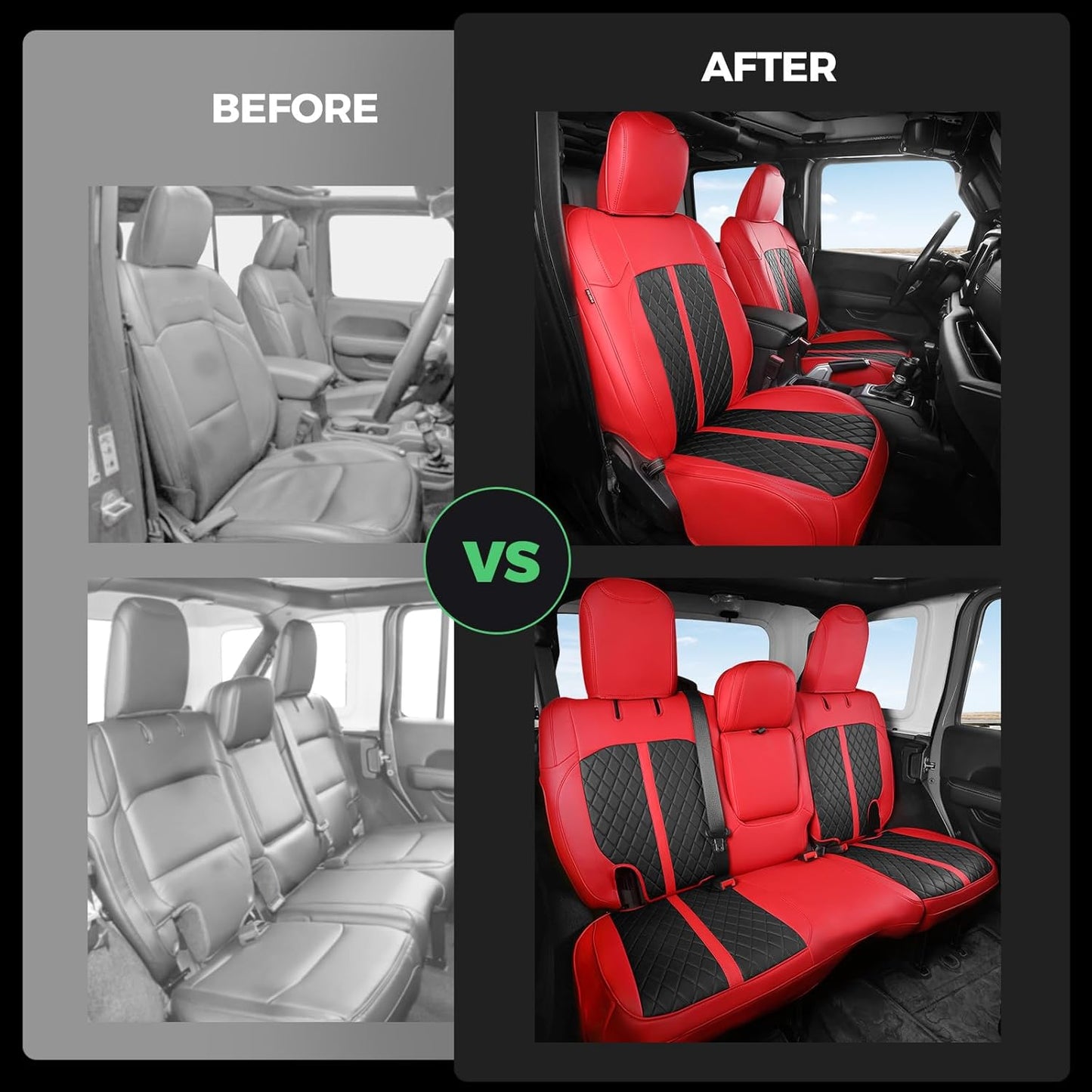 for Jeep Wrangler Seat Covers 4Door JL 2018 2019 2020 2021 2022 2023 2024 2025, Custom Fit Car Seat Cover Full Set, Luxury Waterproof Leather Seat Protectors, Red Black, with Rear Cup Holder