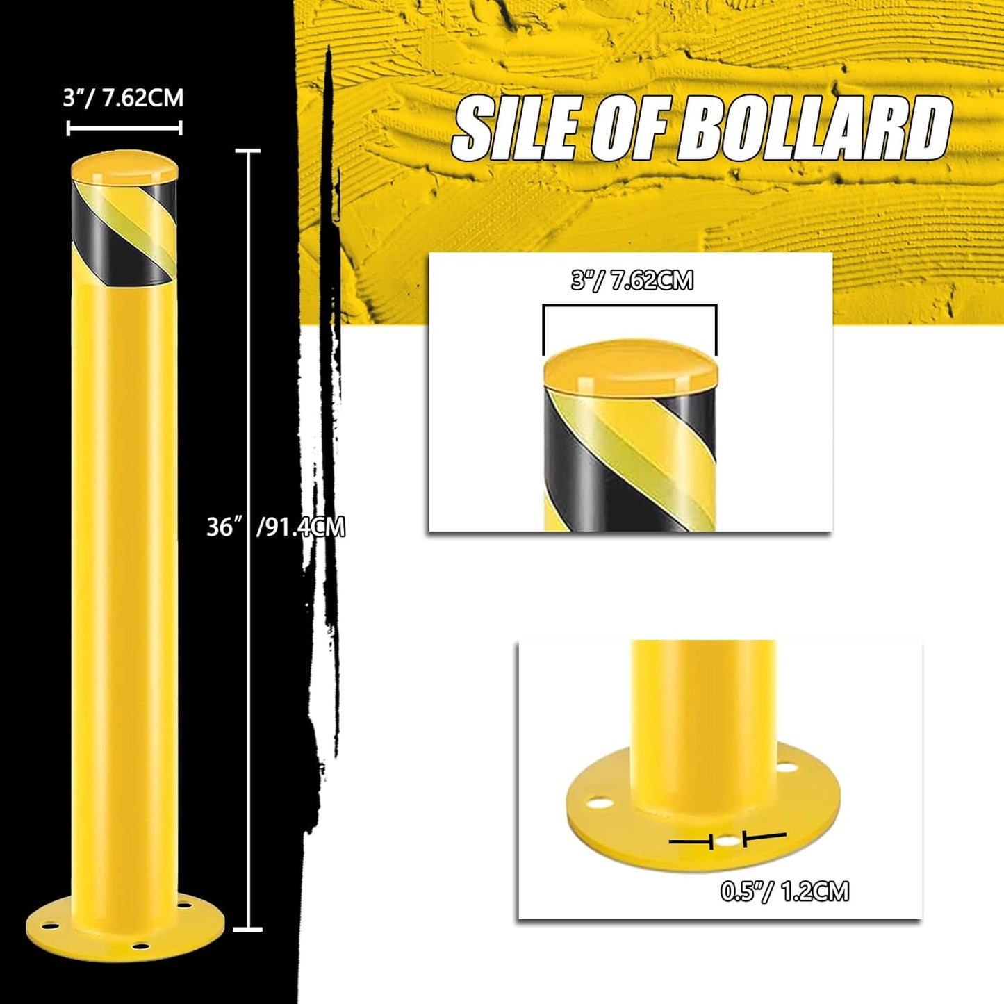 Safety Bollard Post, Steel Bollards,Parking Bollard, Yellow Powder Coated Safety Parking Barrier Post, for Traffic Sensitive Areas (12, 36"H*3"D)