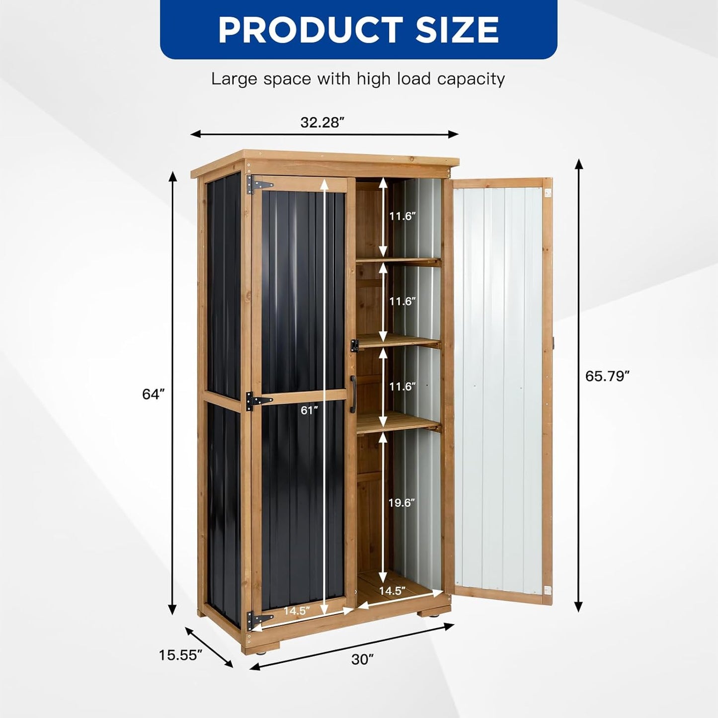 Outdoor Storage Cabinet Wood & Metal with Waterproof Roof, Garden Tool Shed with 3 Removable Shelves, 4 adjustable reinforced feet with metal brackets, 6 T-Hinge, magnetic door,15.6"D x 32.3"W x 66"H