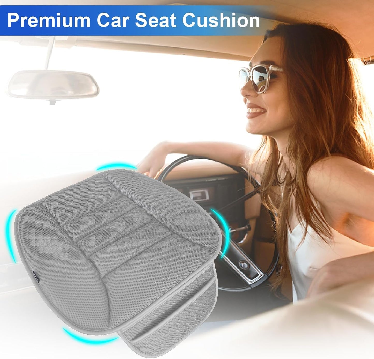 Car Seat Cushion, Driver Cushion with Comfort Memory Foam & Non-Slip Rubber Bottom, Car Seat Pad Works with 95% of Vehicles and Office Chair or Home - 4D Dark Grey