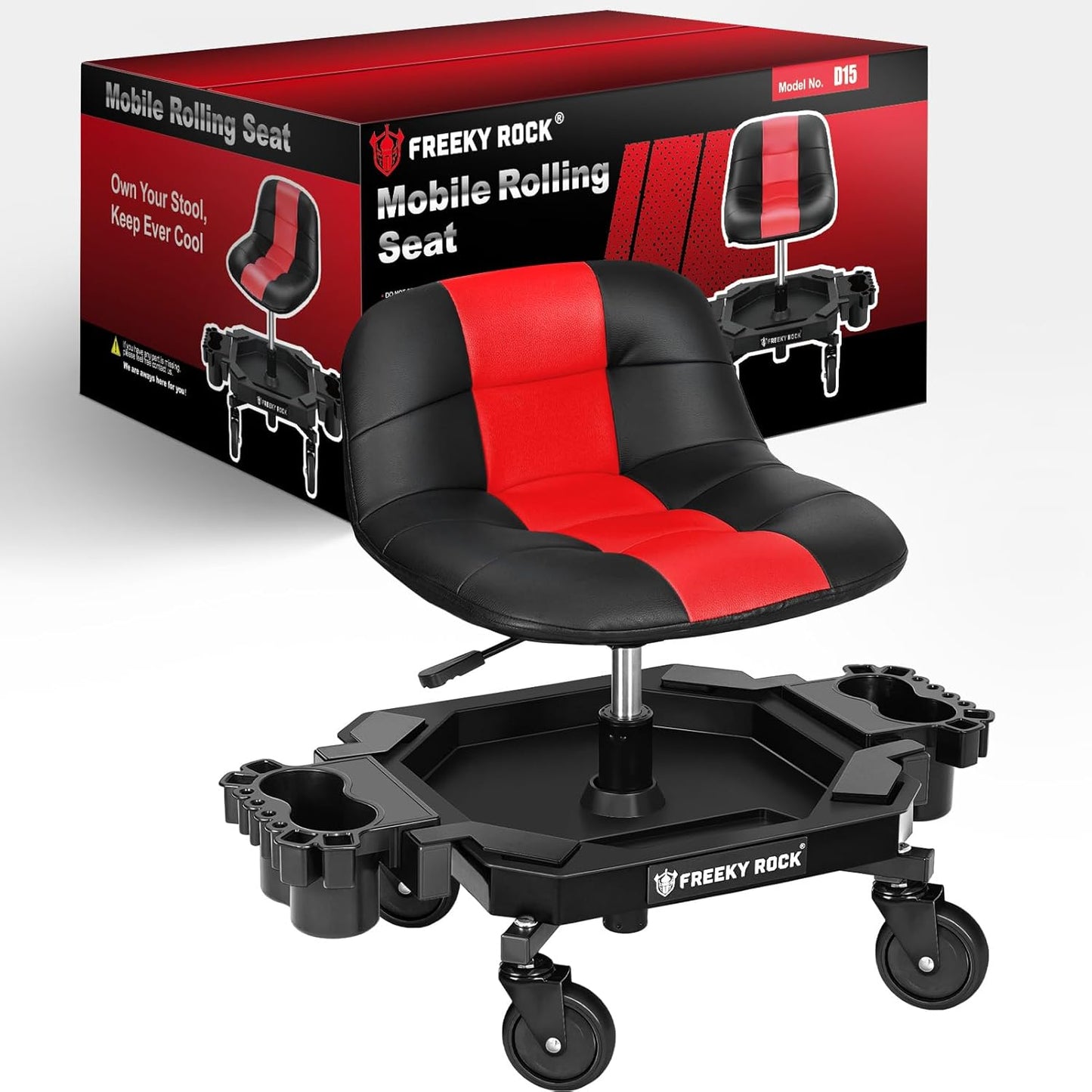 Rolling Stool with Wheels, Adjustable Height Pneumatic Garage Work Mechanic Stool Seat with Backrest, 400 LBS Capacity 360° Swivel Mechanic Crepper Chair with Tool Tray Storage, Red