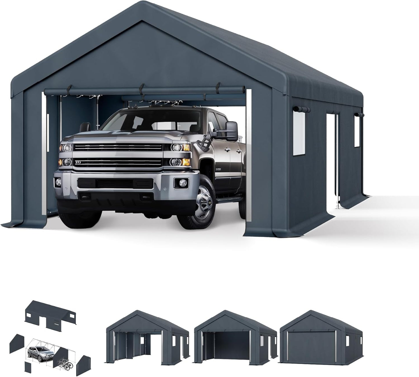 PHI VILLA 13'x24'x9.6' Outdoor Portable Storage Shelter Shed Garage with Roll up Zipper Doors & Vents Carport for Motorcycle Waterproof and UV Resistant Anti-Snow Portable Garage Kit Tent, Gray
