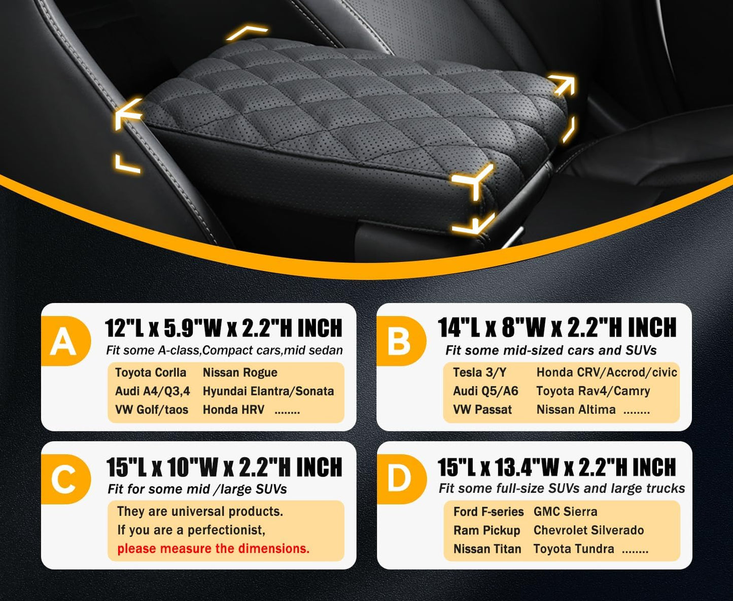 Car Center Console Cover pad Genuine Cowhide Leather,Black Armrest Box mat, Vehicle Arm Rest Cushion Protector,Memory Foam true cow Leather,Consoles Hand Rest Pillow(sizeA 12 x 5.9 x 2.2 inch)