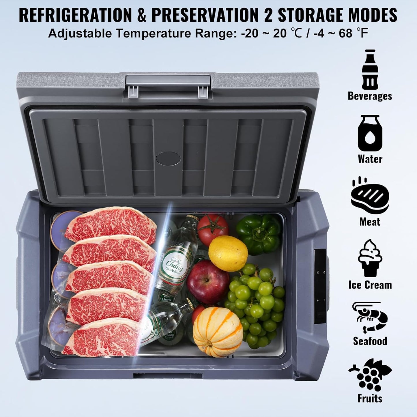 VEVOR 12 Volt Car Refrigerator Fridge, 15 L Single Zone Portable Freezer, -4℉-68℉ Adjustable Range, 12/24V DC and 100-240V AC Compressor Cooler for Outdoor, Camping, RV, Grey