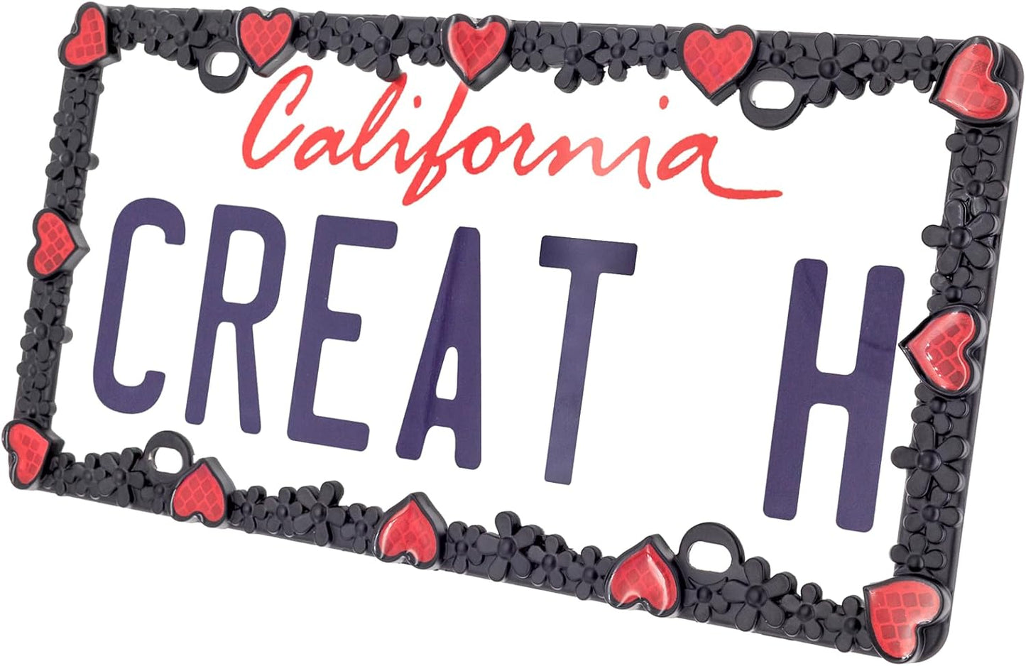 Creathome 3D Daisy Heart License Plate Frame from Pure Zinc Alloy Metal Perfect Plate Holder, Matt Black Daisy with Red Reflective Heart