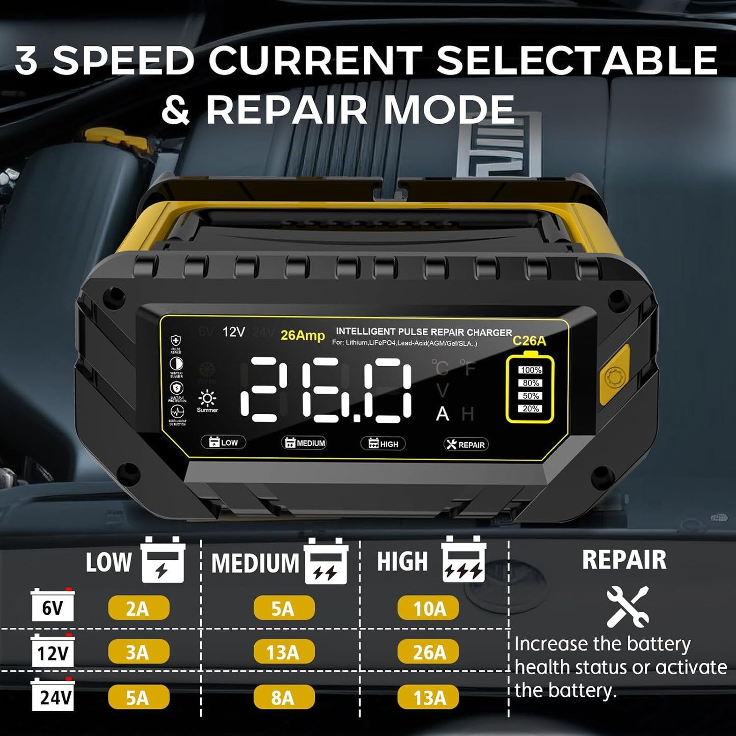 26-Amp Battery Charger, 6V/12V/24V Car Battery Charger & Maintainer, Trickle Charger for Lithium LiFePo4 Lead Acid (AGM/Gel/SLA..), Smart Deep Cycle Charger for Motorcycle Lawn Mower and Marine...