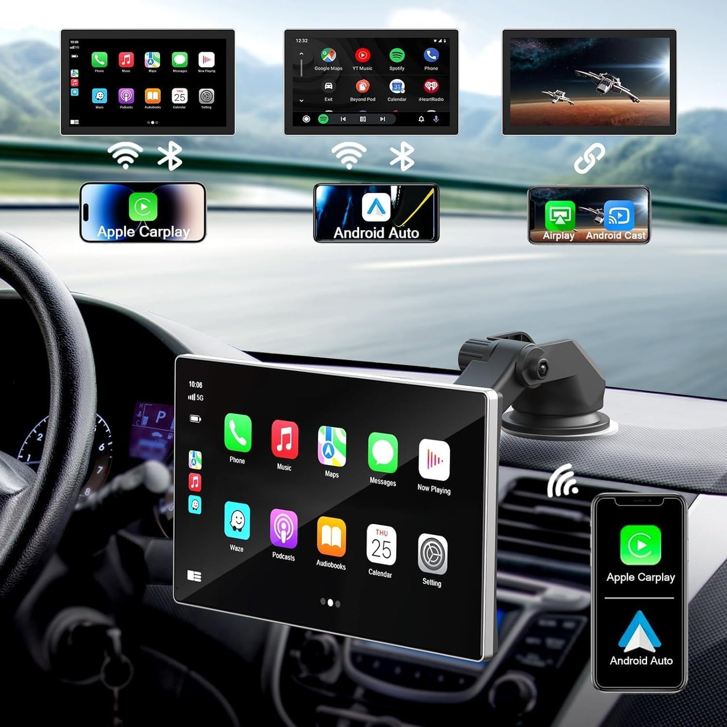 Portable Carplay Screen for Car, 9" Wireless Carplay Touchscreen with 4K Dash Cam, Android Auto Car Stereo, Car Audio Receivers with 1080p Backup Camera, GPS, Bluetooth, FM, Siri