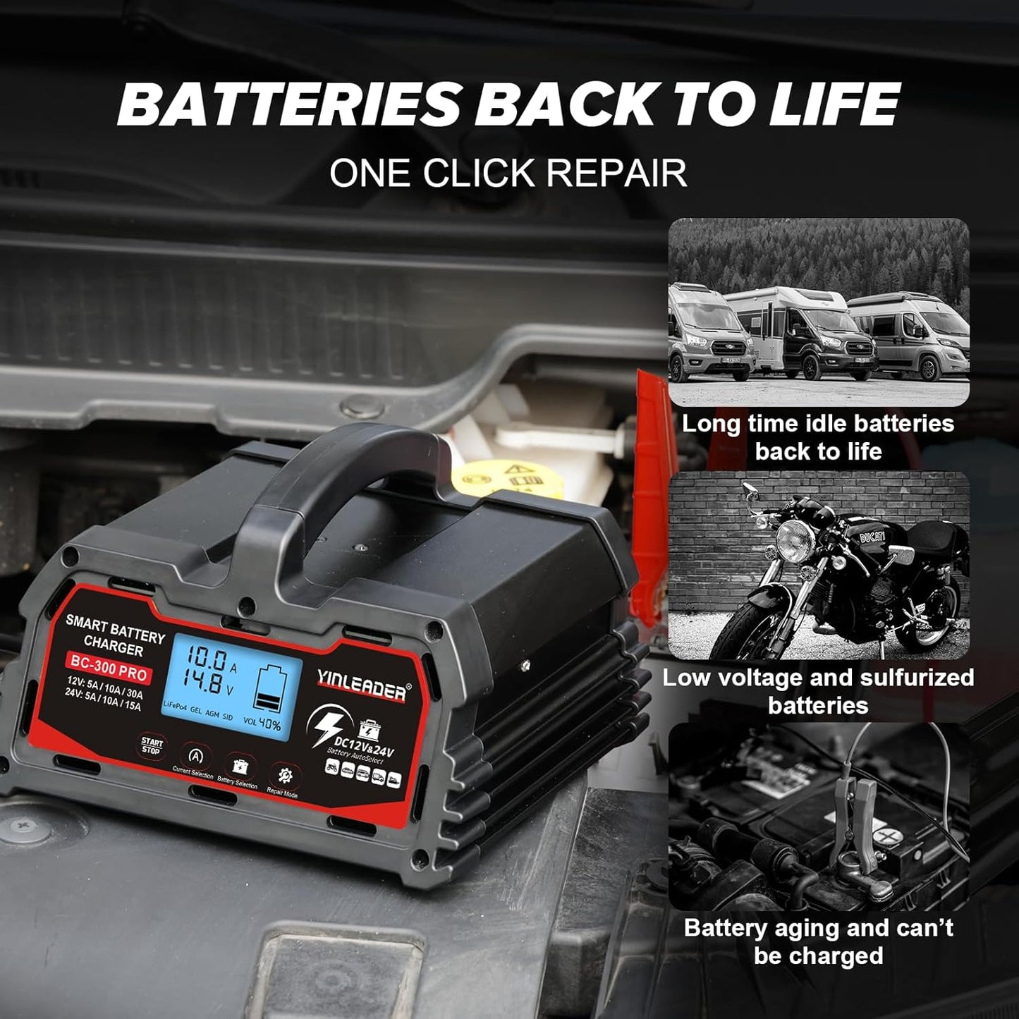 Battery Charger 30A, 12V/24V Lead Acid Smart Battery Charger, 12V LiFePO4 Car Battery Trickle Charger, Automatic Battery Maintainer for Car Motorcycle Lawn Mower Marine Boat Lead Acid Batteries