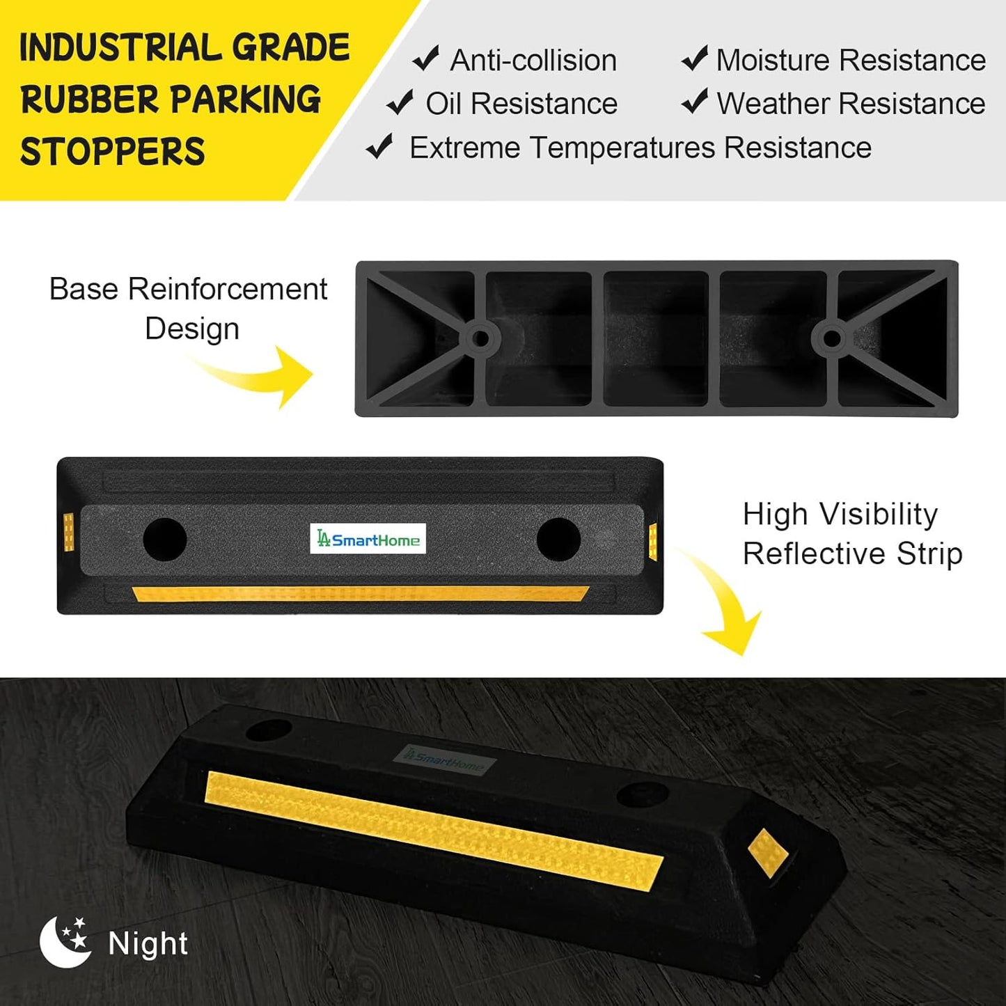 Car Parking Stopper – 2PCs Heavy Duty Rubber Curb Car Stop for Garage and Driveway, Parking Aid, 18” Tire Wheel Stop for Cars, Vans, Trucks – Prevents Hitting Wall or Barrier – Easy Installation