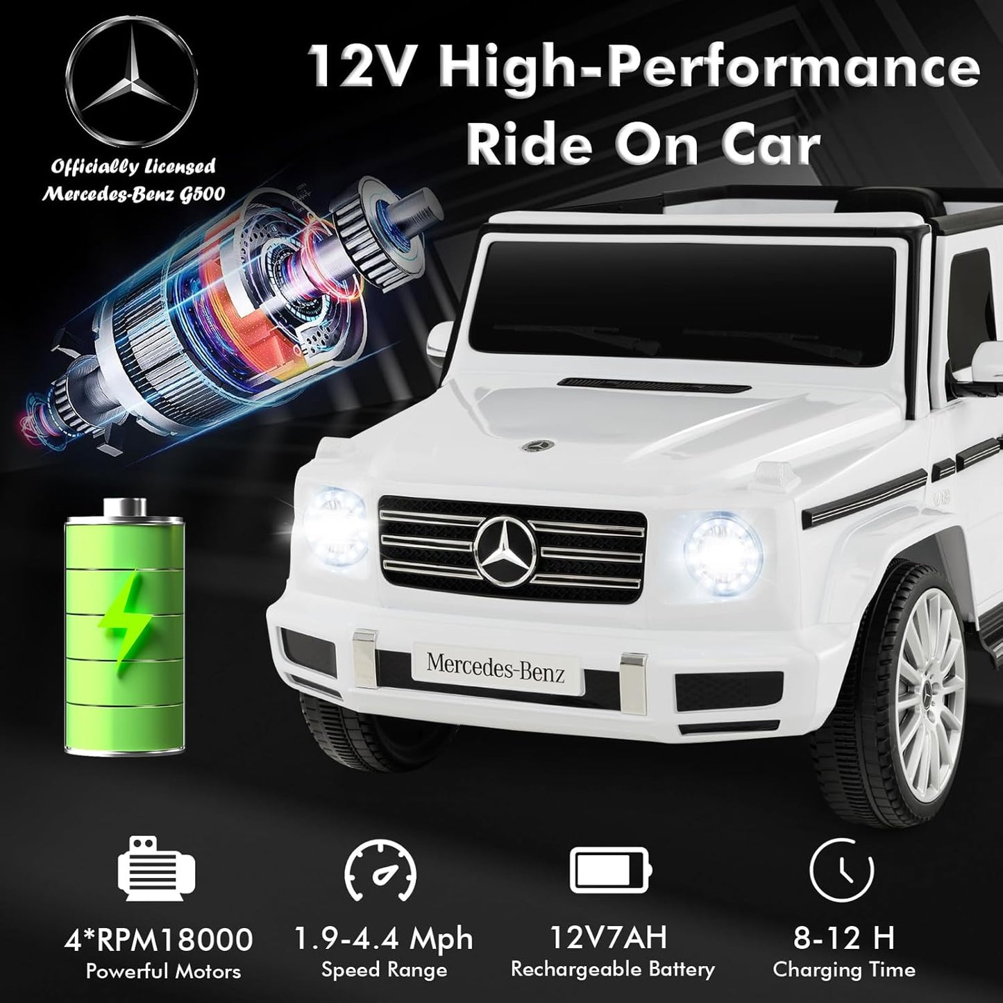 HONEY JOY Ride On Car, 12V Licensed Mercedes Benz G500, Battery Powered Ride On Truck, Lights, Music, Rocking Mode, Slow Start, Electric Cars for Kids Boys Girls (White)