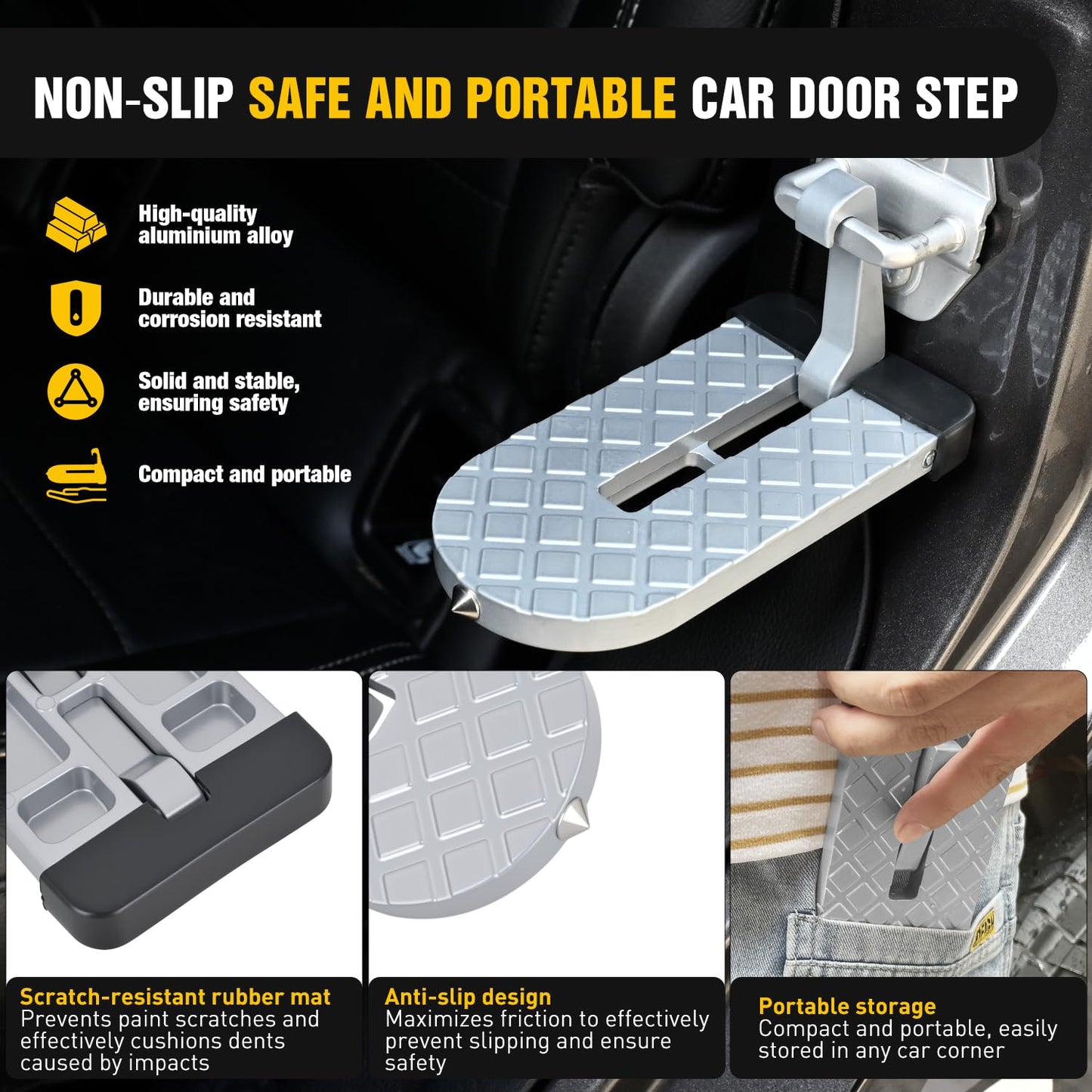 Nilight Car Door Step for Roof Access Universal Car Step Hook for Roof SUV Trucks Folding Aluminum Alloy Vehicle Door Latch Step Pedal with Glass Breaker Safety Hammer, Max Load 400lbs, 2 Pack Gray