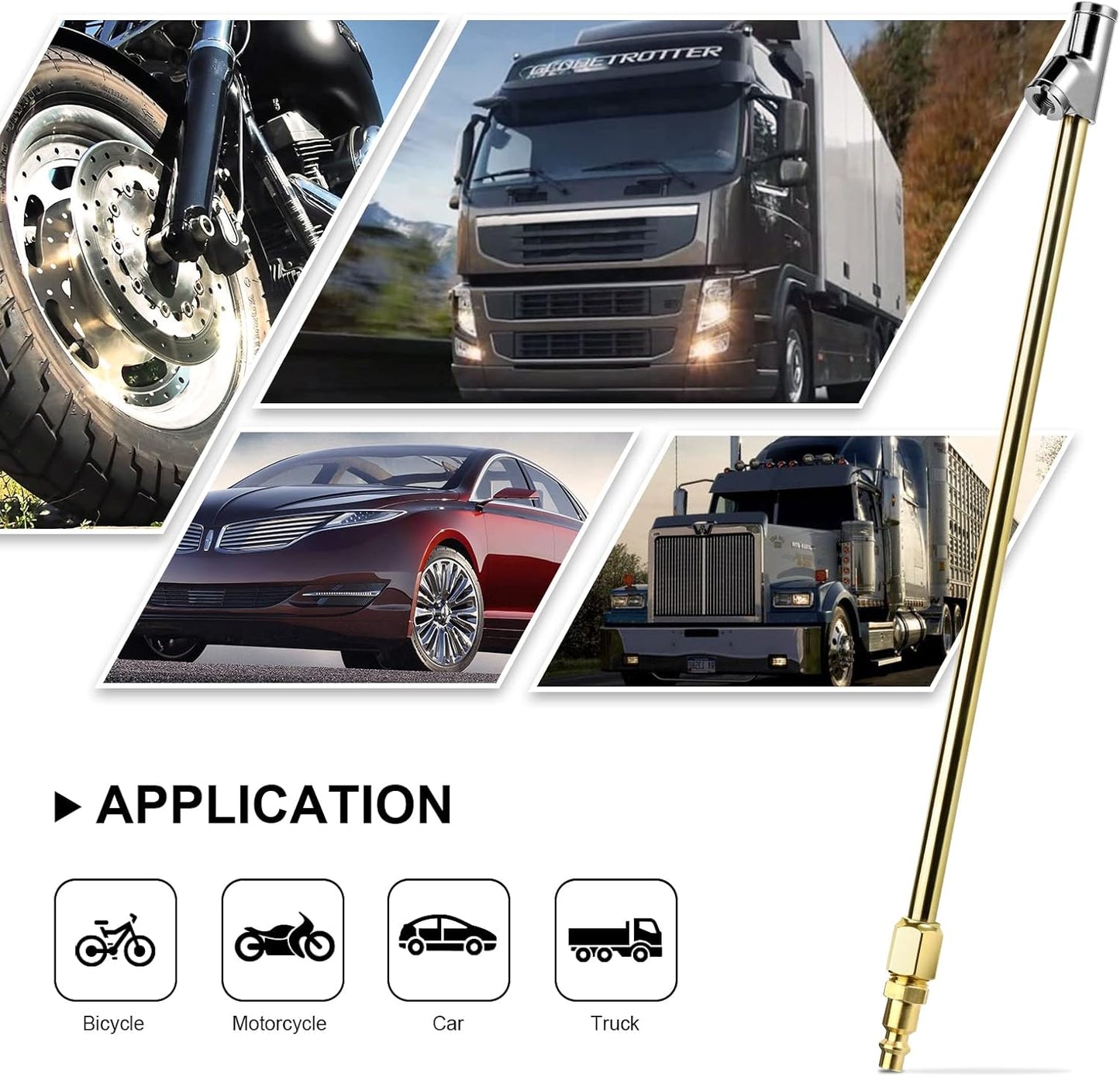 2-Way Connection 13.8" Extended Air Chuck Set, 1/4 in FNPT Straight Foot Dual Head Tire Inflate Chuck with Standard Brass Quick Plug, Tire Air Compressor Fill Kit for Truck RV Dually Tires