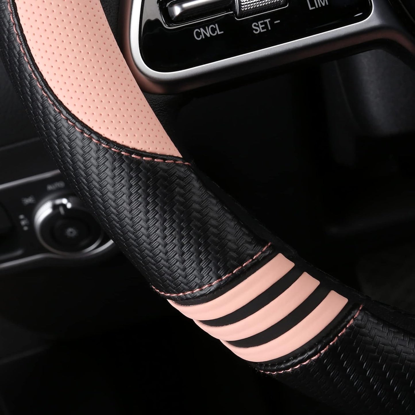 Car Steering Wheel Covers for Women Padded Carbon Fiber PU Leather Cute Auto Interior Accessories for Vehicle, Sedan, Universal, Anti Slip, Pink, Standard Size 14.5-15"(37-38cm)