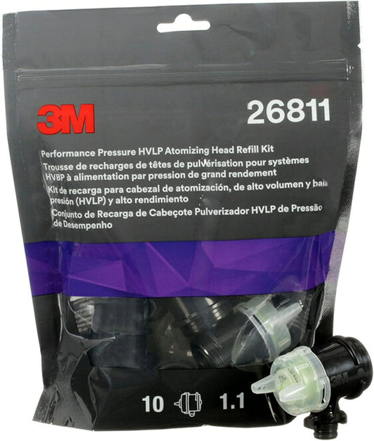 3M Performance Pressure HVLP Atomizing Head Refill Kit, 26811, Size 1.1, Yellow, for use Performance Industrial Spray Gun, 10 Pack