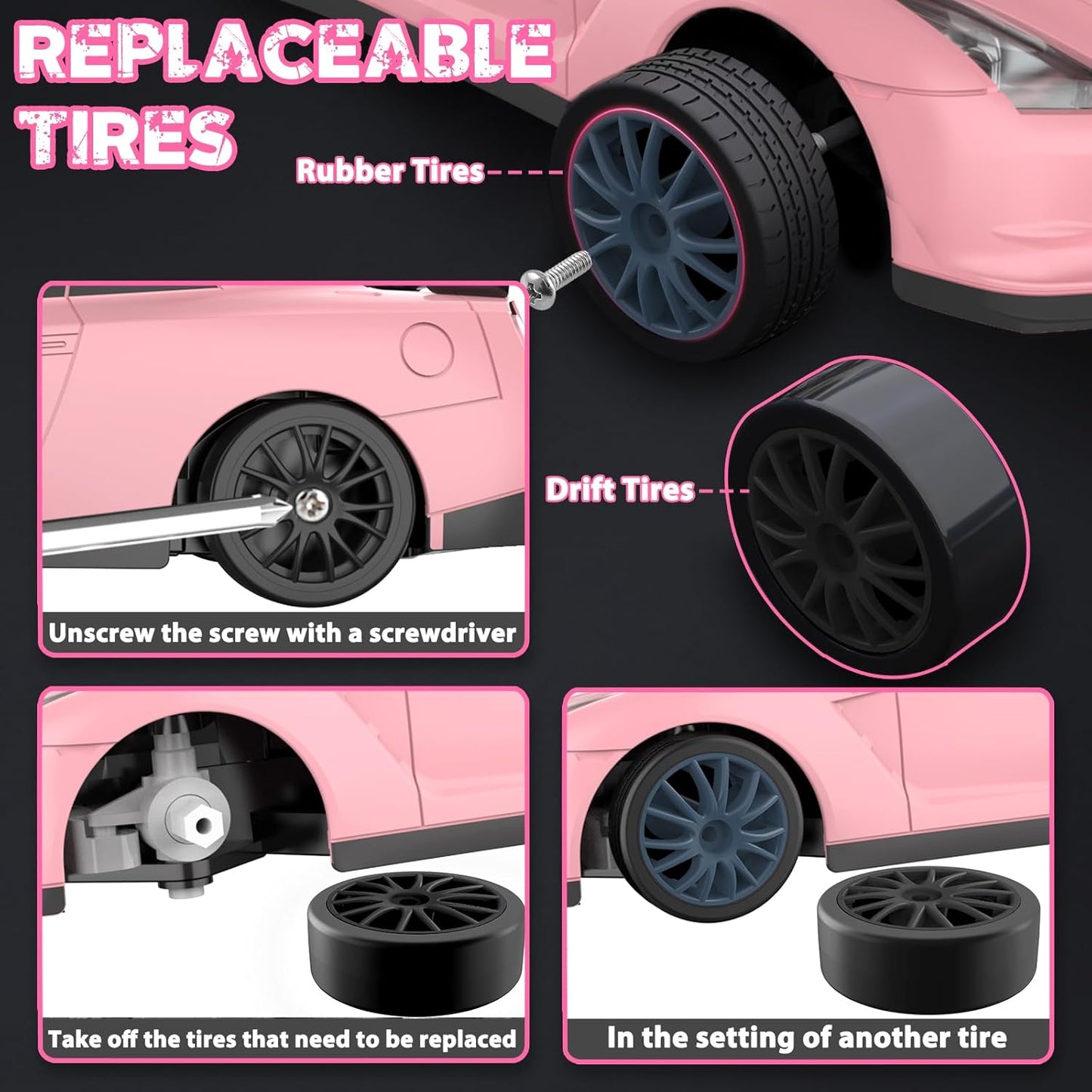 RC Drift Car, 1/24 Pink Remote Control Car for Girls, 2.4GHz 4WD High Speed Drifting RC Cars with LED Light and Drift Tires, Racing Toy Cars for Kids Adults Girl Boys, Pink