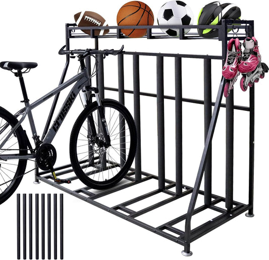 4 Bike Stand Rack with Storage – Bike Rack Floor Stand- Garage Organizer - 2024 Upgrade Tube Diameter 19mm with 8 Sponge Columns - Indoor Bike Storage for Parking Road, Mountain, Hybrid or Kids Bikes