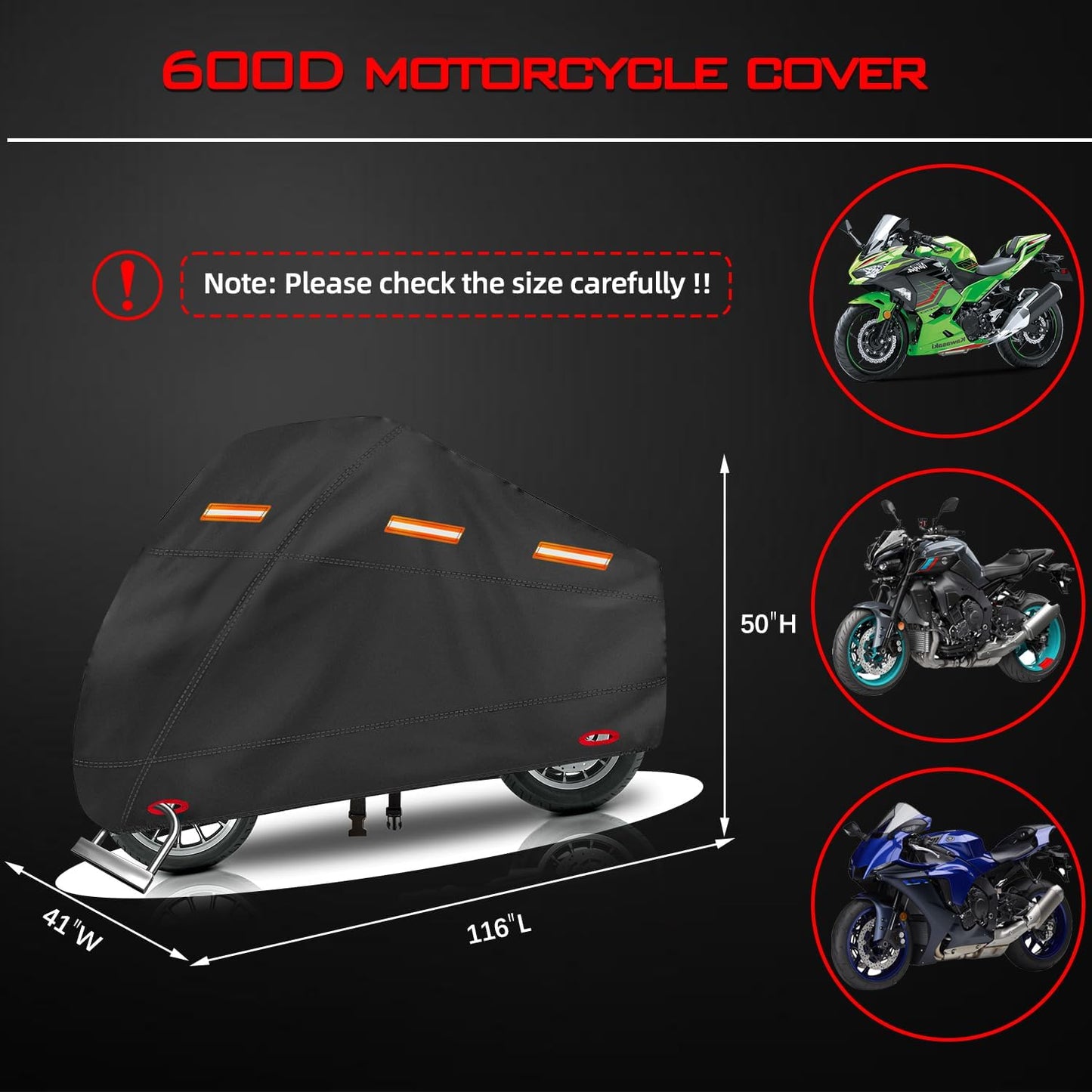 Motorcycle Cover, Heavy Duty 600D Oxford, Waterproof Outdoor, Weather Resistant, Rip-Proof, Anti-UV with 5 Reflective Strips, 2 Lock-Holes, 1 Windproof Strap, 1 Storage Bag (116" x 41" x 50")