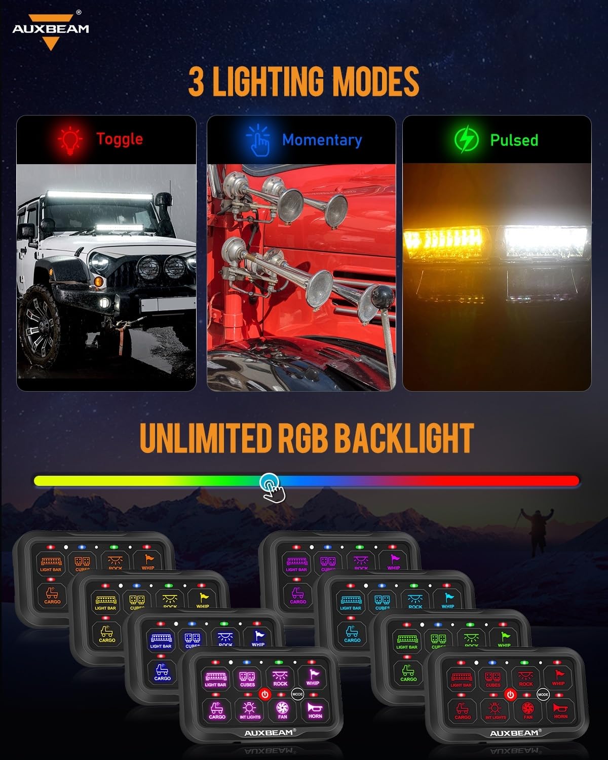 Auxbeam 8 Gang Switch Panel Bluetooth RGB AC-800 with APP&Remote Control Toggle Momentary Pulsed Switch Pod Off Backlight for Truck Offroad UTV ATV Car Marine 12-24V Waterproof 2 Years Warranty