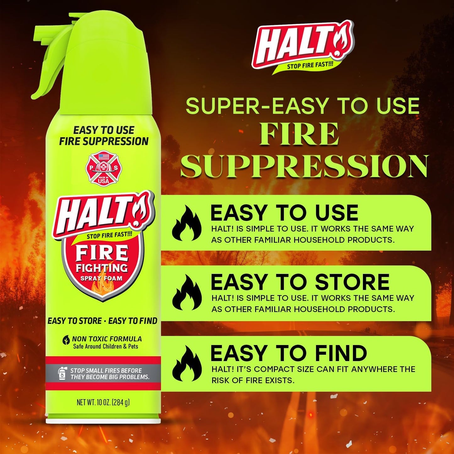 HALT! Fire Fighting Foam Spray – Non-Toxic, PFAS Free, Easy to Use, Store, and Find in Emergency – Compact & Portable – Ideal for Home, Kitchen, Apartment, Car, BBQ, Tailgate – Made in USA (2-Pack)