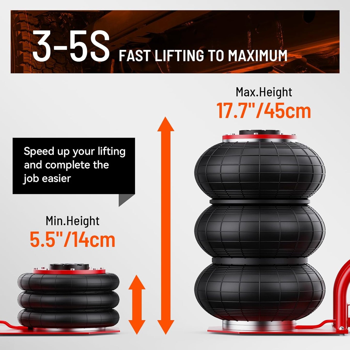 Air Jack, 3 Ton/6600 lbs Car Jack, 3-5 s Fast Lifting Pneumatic Jack with Short Handle, Lift up to 17.7 inch Air Bag Jack for Cars, Garages, Repair(Red)