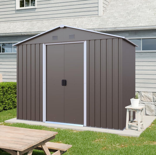4x8 FT Outdoor Storage Shed, Metal Garden Shed with Frame Floor, Outside Tool Shed with Lockable Sliding Doors, Waterproof Storage Building with Sloped Roof for Backyard, Patio, Lawn, Warm Gray