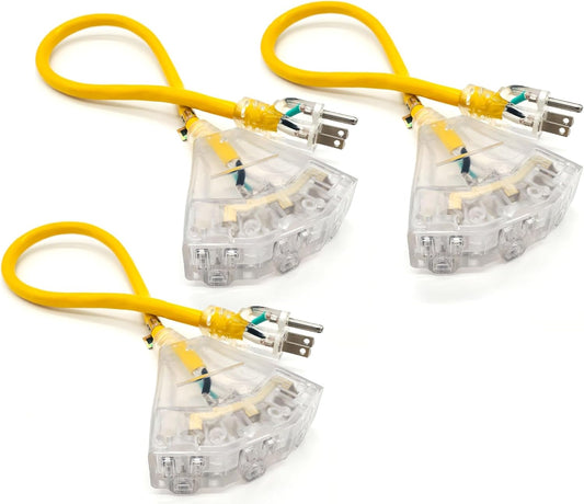 3 Pack - 2 ft - 12 Gauge Heavy Duty Extension Cord - 3 Outlet Lighted SJTW - Indoor/Outdoor Extension_Cord by Watt's Wires - 2' 12-Gauge Grounded 15 Amp ExtensionCord Splitter