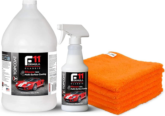 TopCoat F11 Polish & Sealer for Cars, Bikes and More – Water-Based Alternative to Ceramic Wax - 16 oz F11 Spray, 1 Gallon F11 Refill, and 5 Microfiber Towels