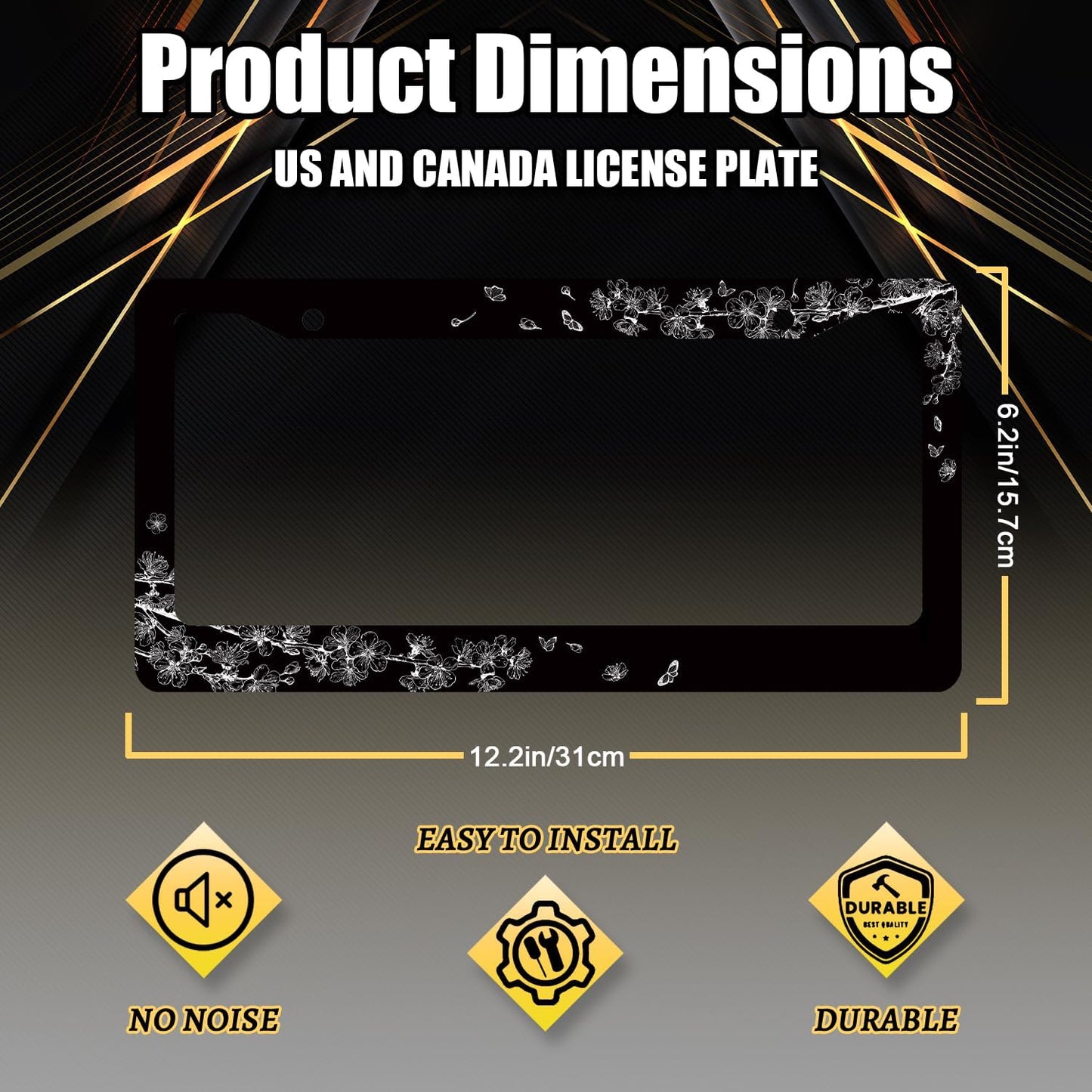 Black White Cherry Blossom License Plate Frame Butterfly Flower License Plate Holder Stainless Steel Car Accessories Decoration 6.3"X12.3" with 2 Holes Screws