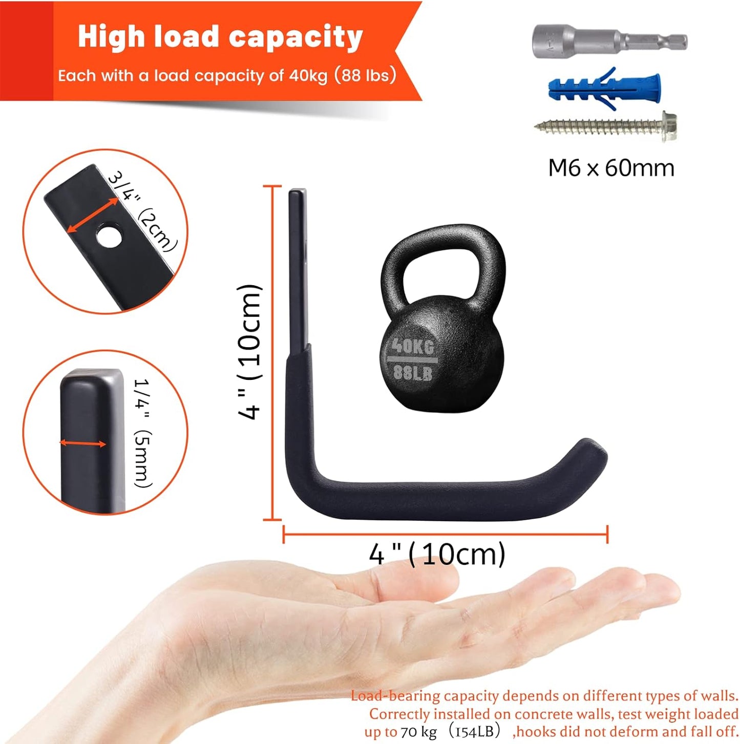 4 Pack Garage Storage Hooks, Ladder Hangers, Steel Wall Mount Hooks, Utility Hooks for Hanging Heavy Duty Shed Tools, Ropes, Garden Hoses, Shovel, Bulk Items, etc.（88lbs, 4Inch）