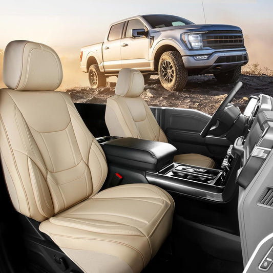 Coverland Custom Car Seat Covers Compatible with Silverado 2500HD, Maverick, Frontier - Premium Leather Non-Slip Memory Foam Waterproof Protector Front Seat-Beige [See Size Chart-Size A40]