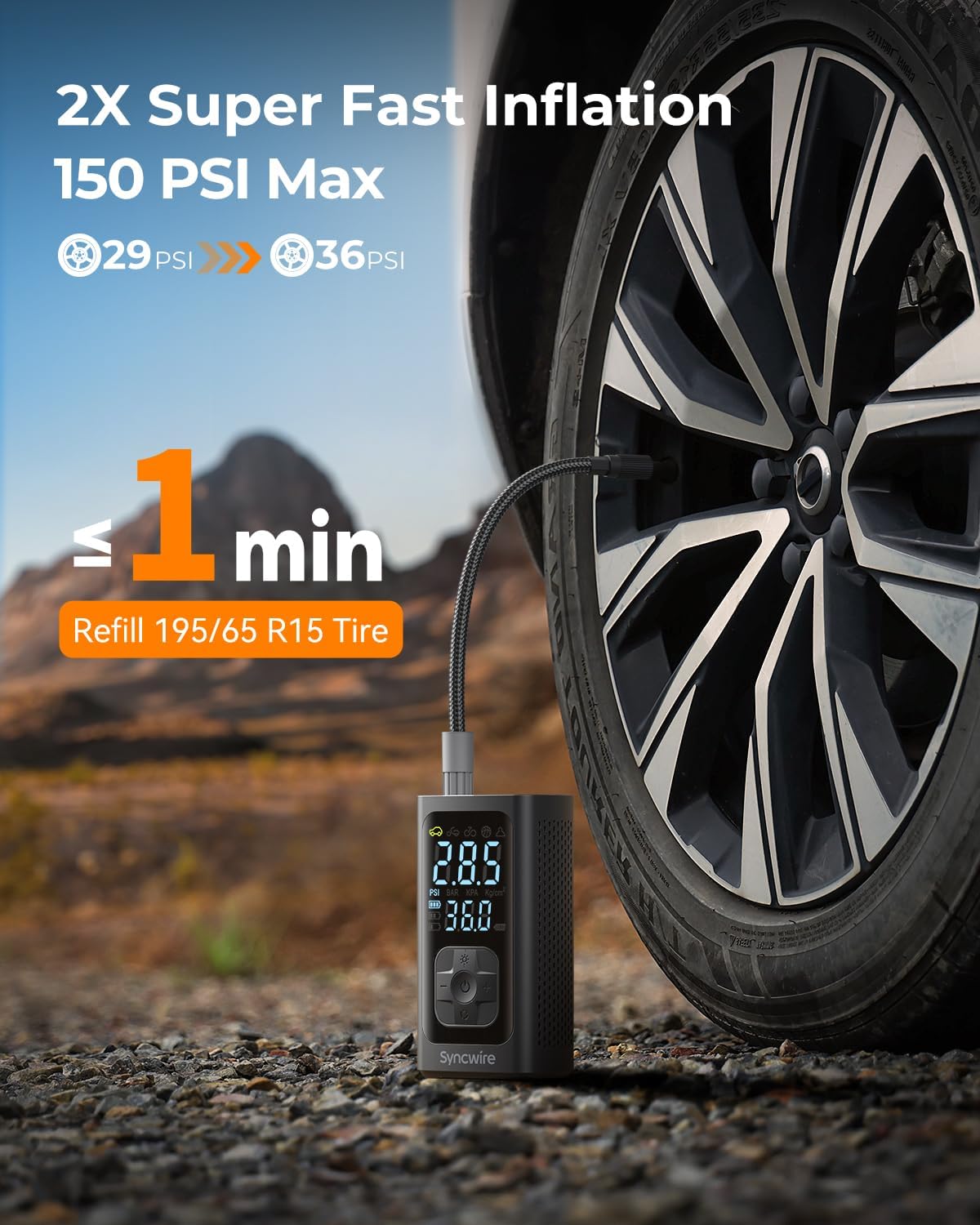 Syncwire Tire Inflator Portable Air Compressor - 150PSI 2X Faster Inflation Smart Air Pump for Car Tires [Extra-Large LCD] with Digital Pressure Gauge, Auto Shut-Off for Car, Motorcycle, Bike & Balls