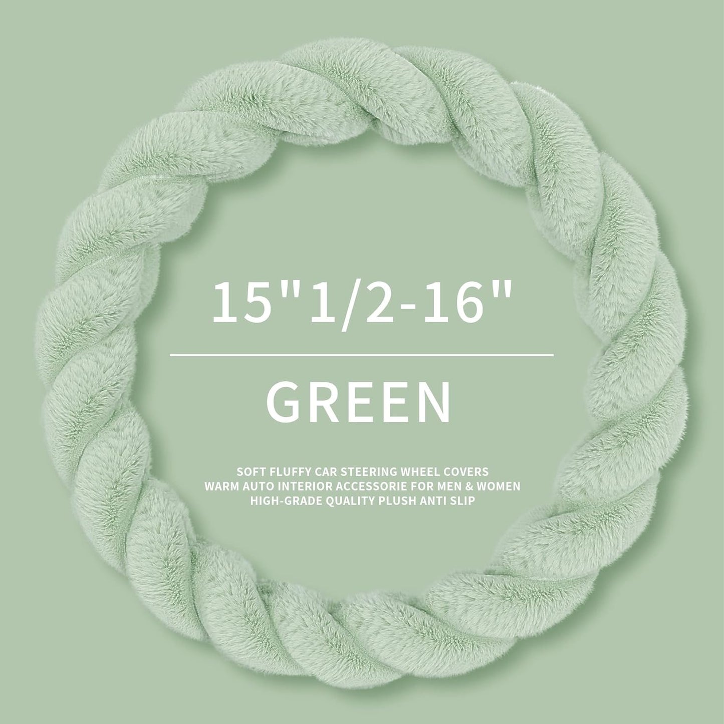 Luxury Fluffy Winter Car Steering Wheel Cover for Women Soft Warm Cute Auto Accessories for Jeep, Truck, Van, F150, Universal, Fuzzy, Anti Slip, Green, Large Size, 15.2-16in