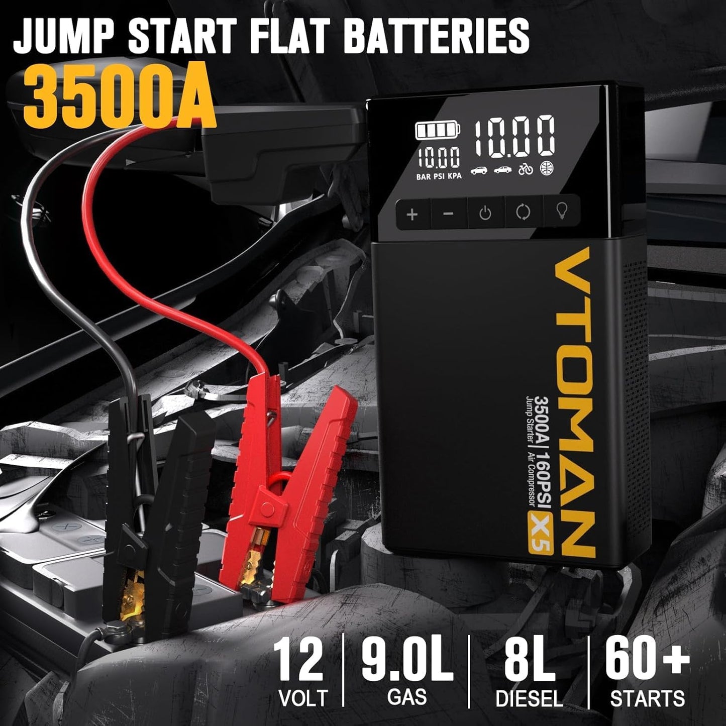 VTOMAN X5 Jump Starter with Air Compressor, 3500A Portable Car Battery Booster (Up to 9L Gas/8L Diesel Engines) with 160PSI Digital Tire Inflator, 12V Lithium Battery Jump box with Type-C Quick Charge