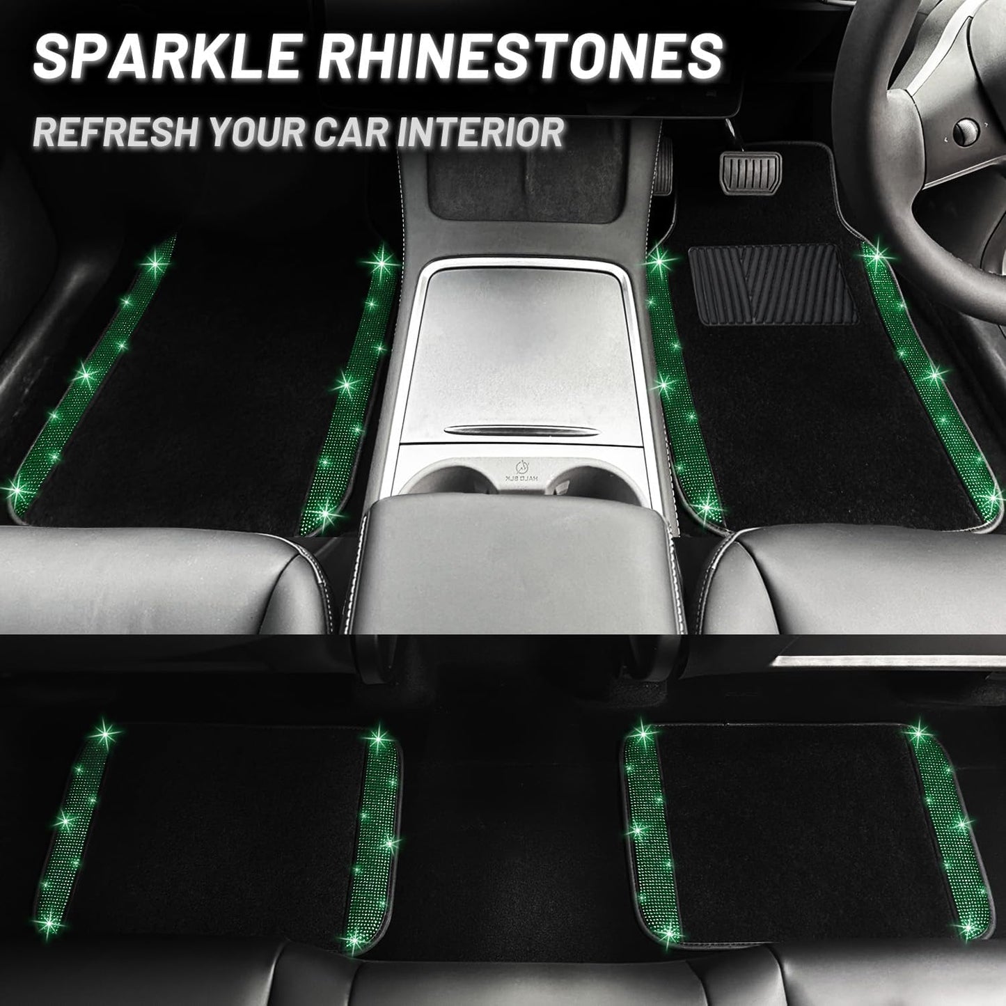 NBTEPEM Bling Car Floor Mats Full Set, Universal Fit Most Cars,SUV, Trucks, 4 pcs Sparkle Glitter Diamond Carpet for Women Girls with Anti-Slip Pad (Green Diamond)