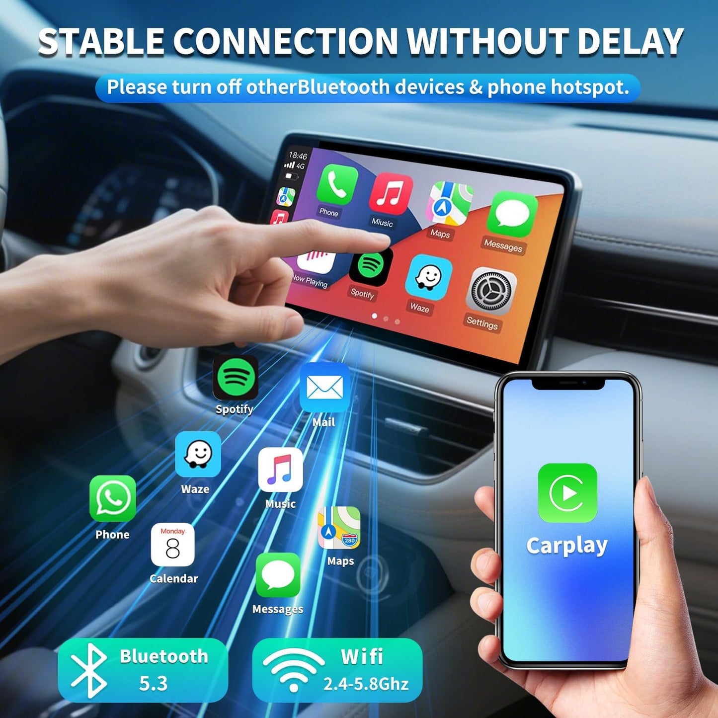 Wireless CarPlay Adapter,Convert Wired to Wireless CarPlay Adapter,Plug&Play 2-in-1 CarPlay & Android Auto Adapter,Fast&Stable Mini USB&USB-C/Type-C Car Adapter,Suitable for iOS10+/Android11+（Black）