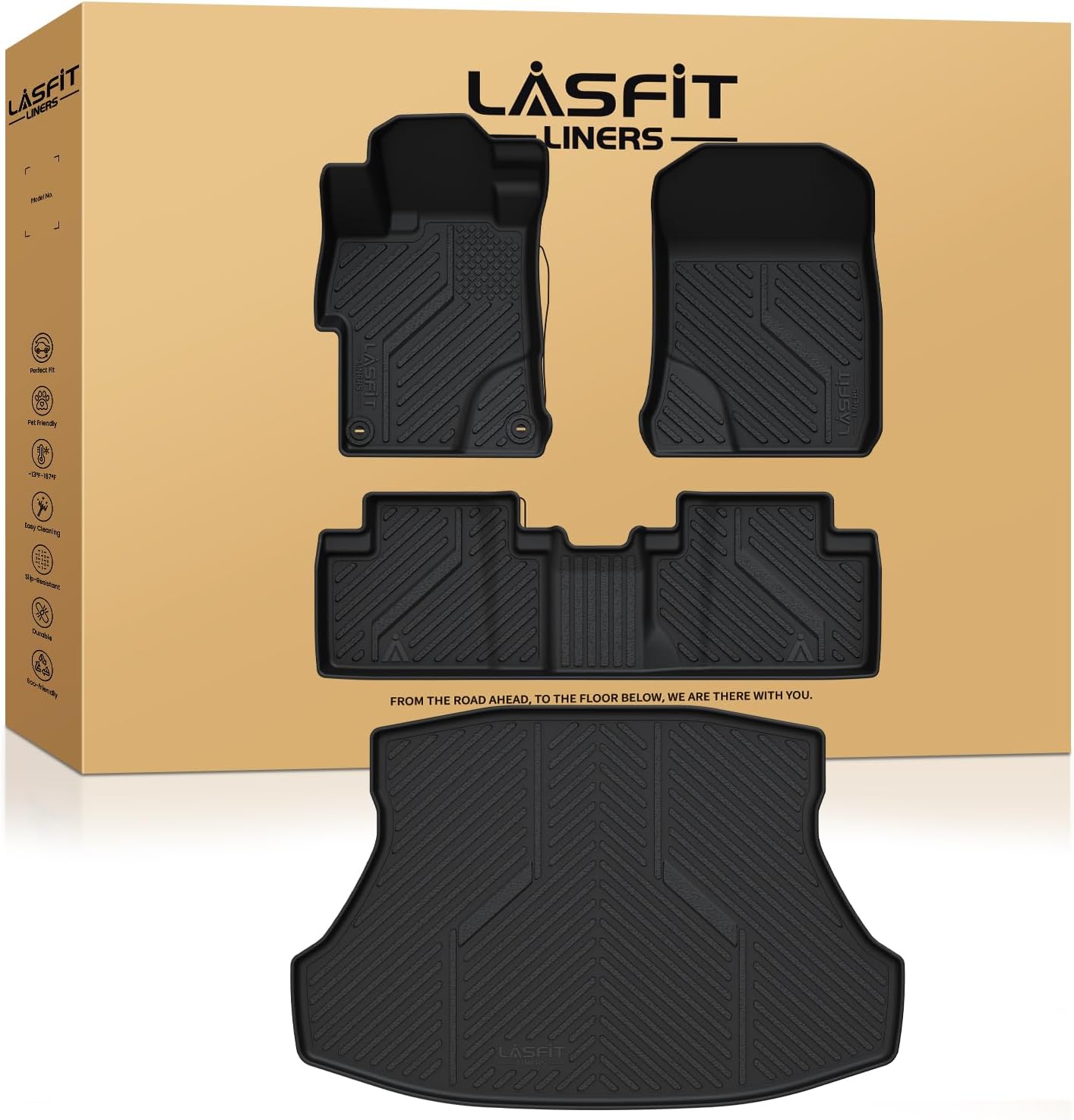 LASFIT Floor Mats & Trunk Mat for Honda Civic & Civic Si 2012 2013 2014 2015 (Fit Sedan, Not for Coupe), All Weather TPE Custom Fit Floor Liner, 1st & 2nd Row & Cargo Mat, Black