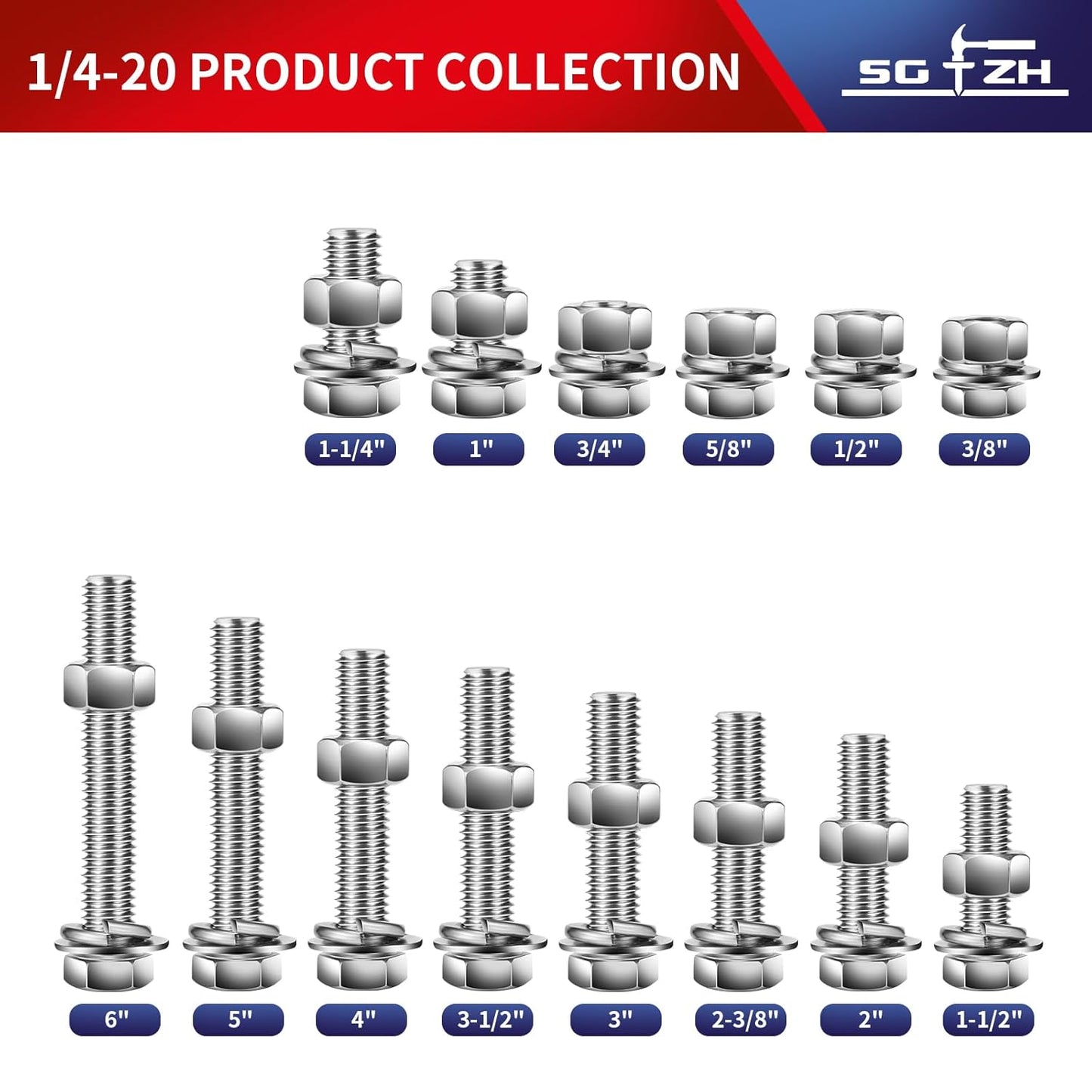 1/4-20 x 1/2" Hex Head Screw Bolt, Nuts, Flat & Lock Washers, 10Pcs 18-8 (304) Stainless Steel, Fully Threaded, by SG TZH