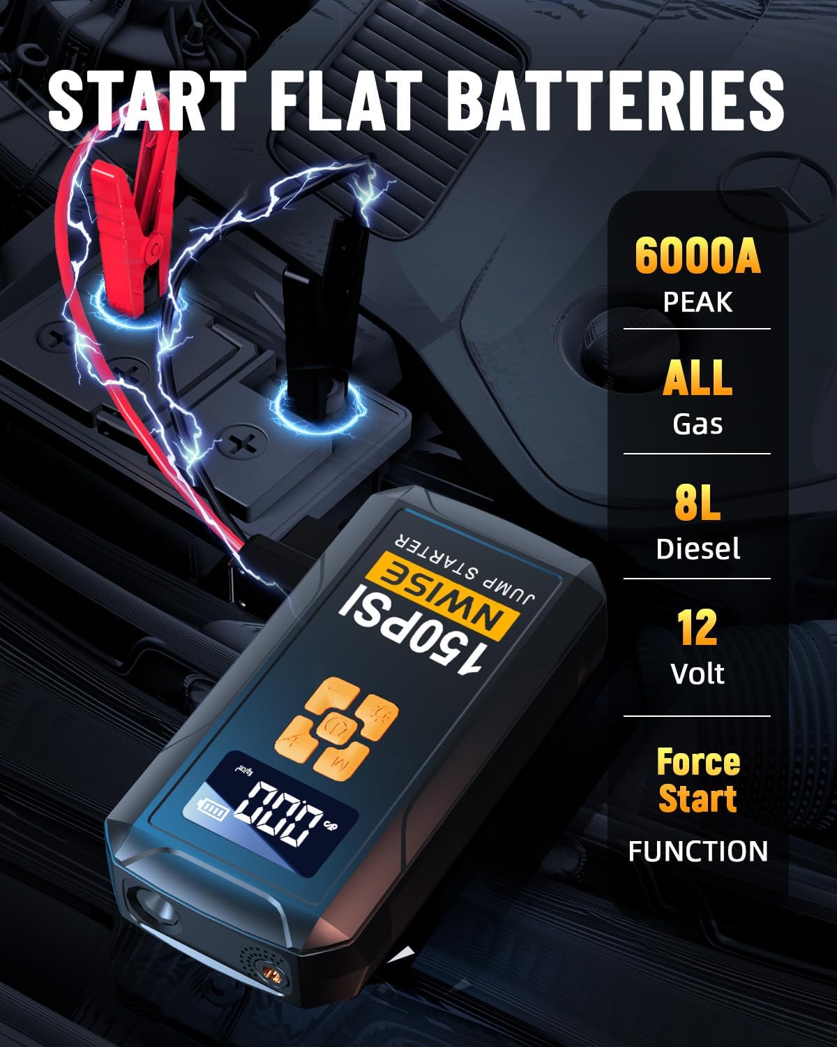 Portable Car Jump Starter with Air Compressor, 150PSI Jump Box Battery Pack with Digital Tire Inflator,12V Booster Pack with Large LCD Display, Emergency Light