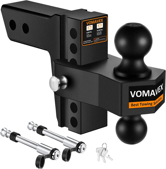 Adjustable Trailer Hitch-Drop Hitch Fits 2.5-Inch Receiver -6" Drop/Rise Tow Hitch with 2" and 2-5/16" Tow Balls-18,500GTW with Double Anti-Theft Pins Locks (Black+Black)