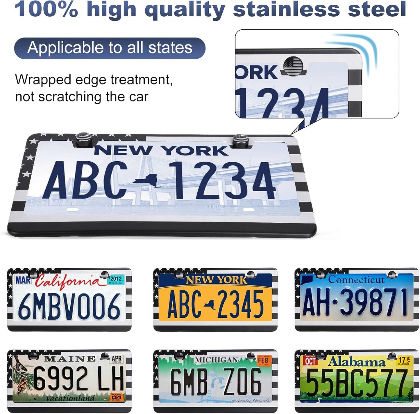 2 Pack License Plate Frames, Stainless Steel Car License Plate Cover Car Accessories with Screw Caps (Grey and Black)
