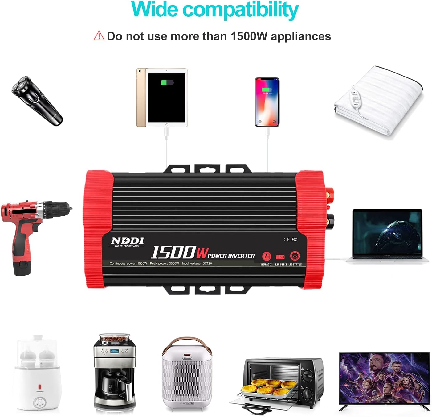 1500W Car Power Inverter 12V DC to 110V AC Car Converter Charger Adapter with Dual 3.1A USB Port and AC Outlets Quick Charging