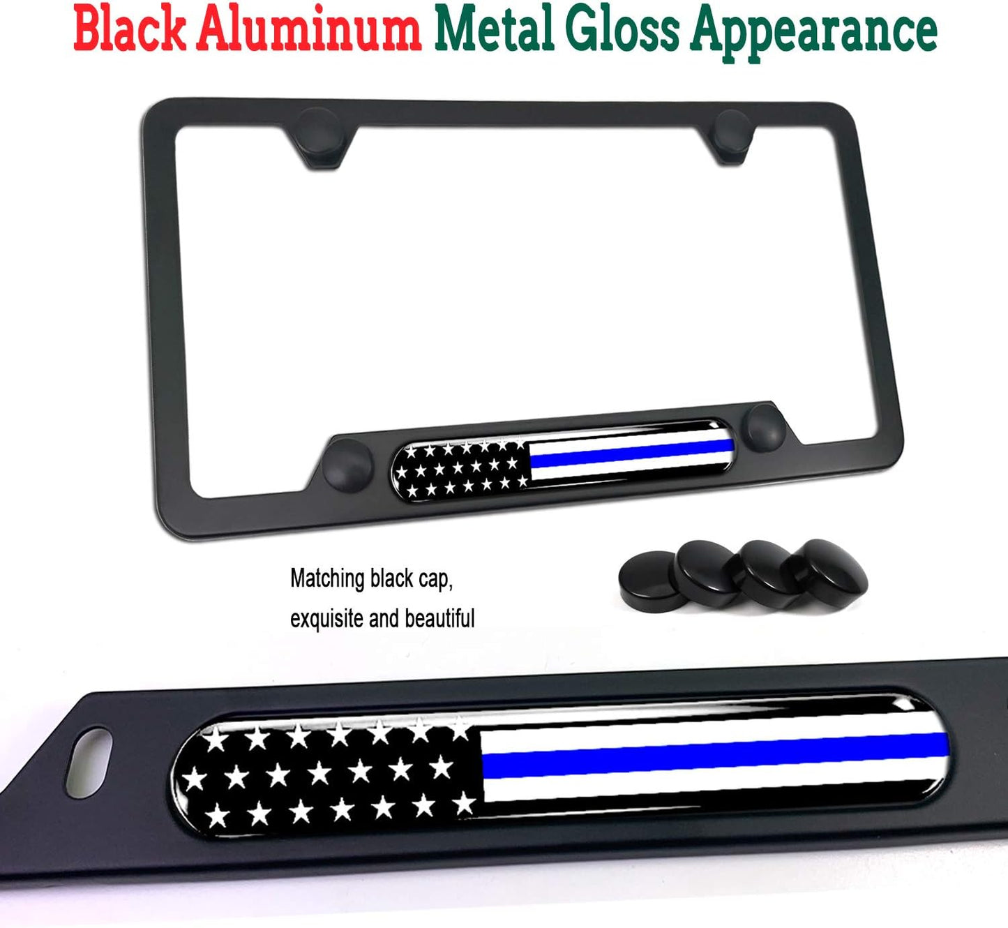 Police Thin Blue Line License Plate Frame-American Flag Patriotic Car Tag Holder, USA Black Aluminum Bracket with Screw, Cap Covers, Decal, Novelty Present for Law Enforcement, 1 Pack