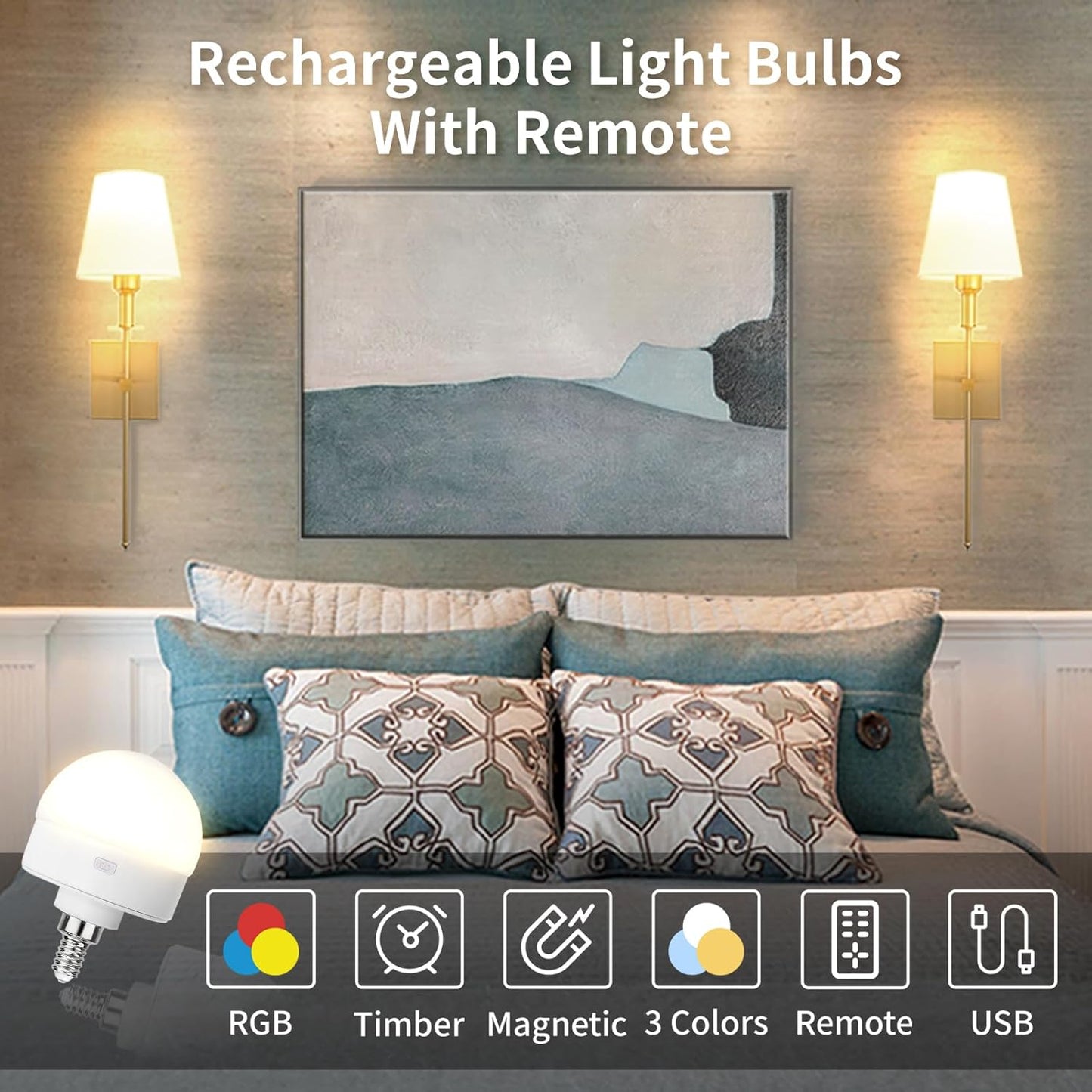 HISTAR Battery Operated Light Bulb for Sconce and Lamp with Remote, RGB, Timer, Dimmable, E12 Rechargeable Light Bulbs, 3 Color Temperature, 2Pack