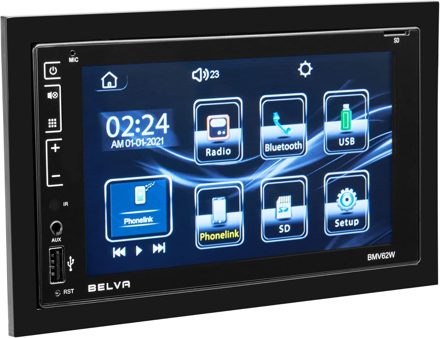 Belva BMV62W 6.2" Double DIN Touchscreen Bluetooth Car Stereo Receiver with Apple CarPlay, Android Auto and Mirrorlink