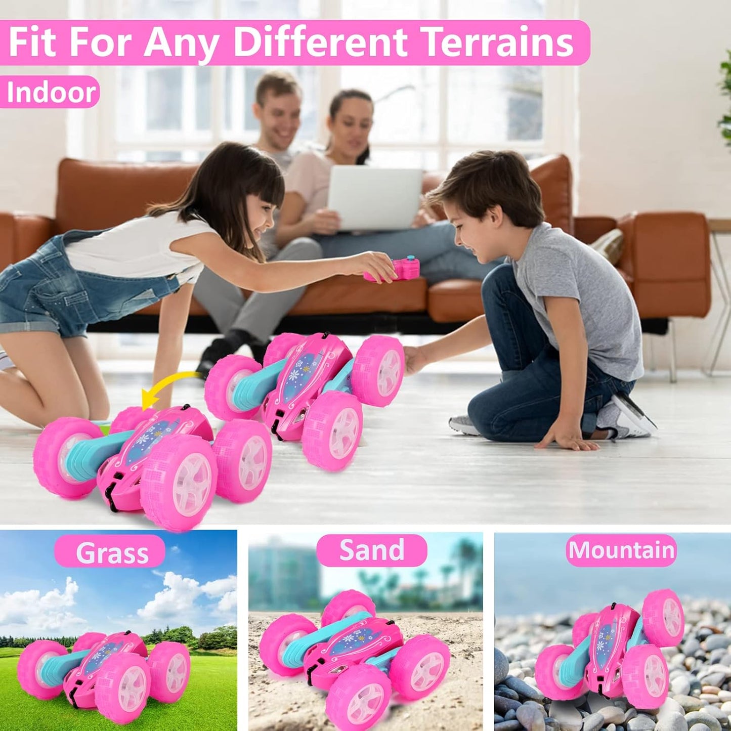 FREE TO FLY Remote Control Car for Girls : Pink RC Car Double Sided 360°Flip Stunt Cars with Headlights & WheelLights Rechargeable Toy Car Birthday Gifts for Girl Kids Age 6 7 8 9 10 11 12 Year Old